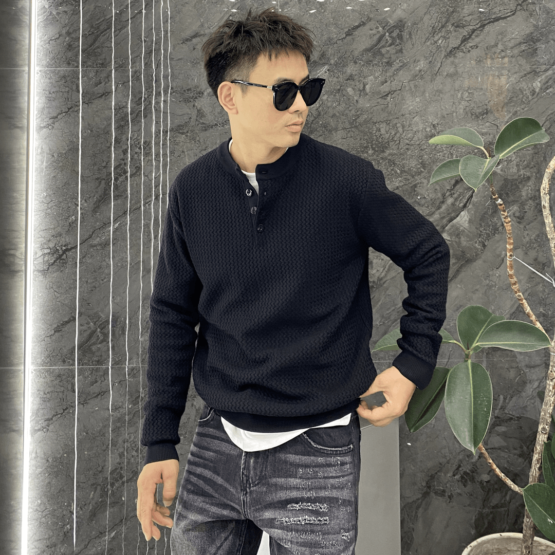 美式气质范黑色高级感波浪纹修身针织衫男士休闲百搭长袖毛线衣服