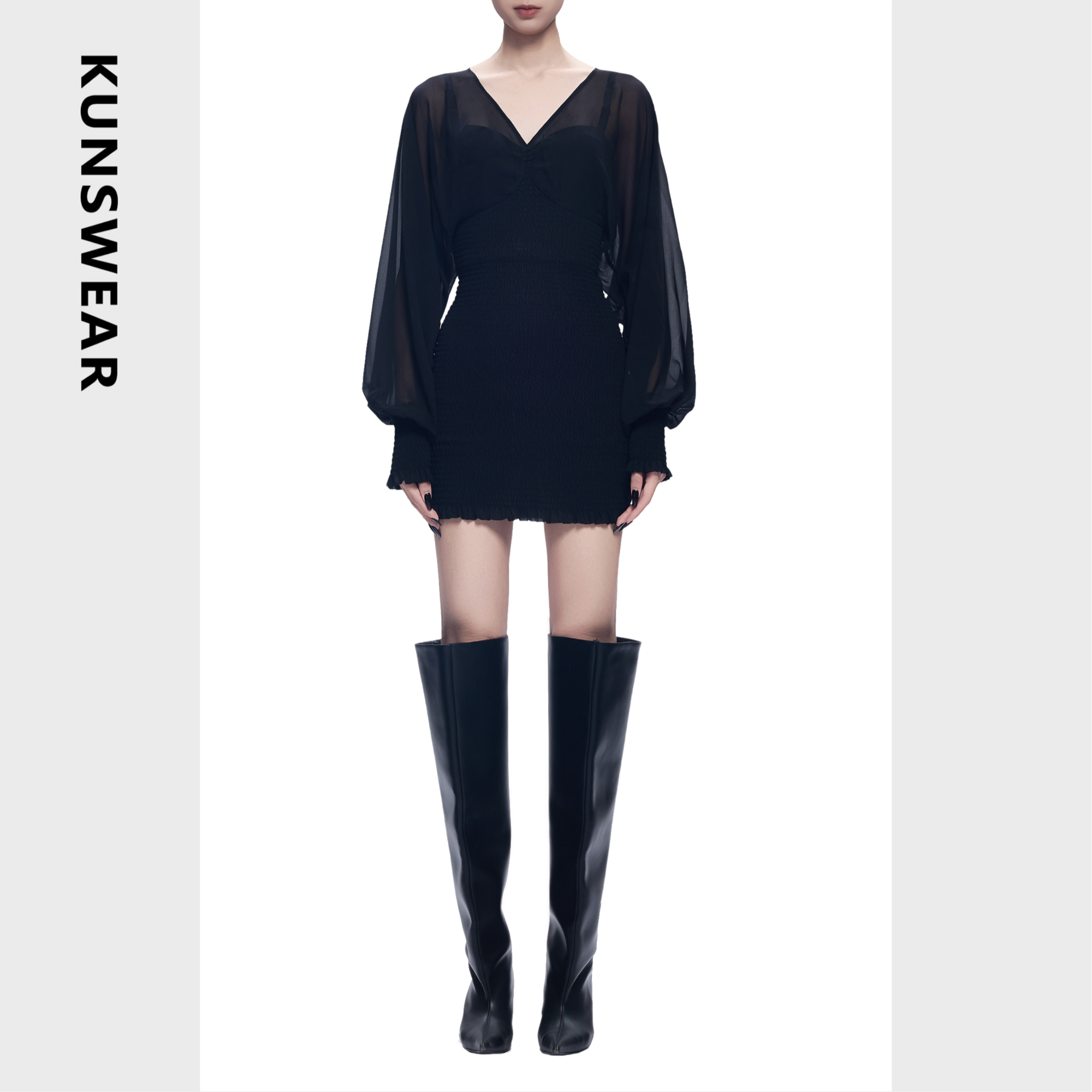 KUNSWEAR/琨丝薇尔25SU 极简纯色气质褶皱V领连衣裙女 834001170