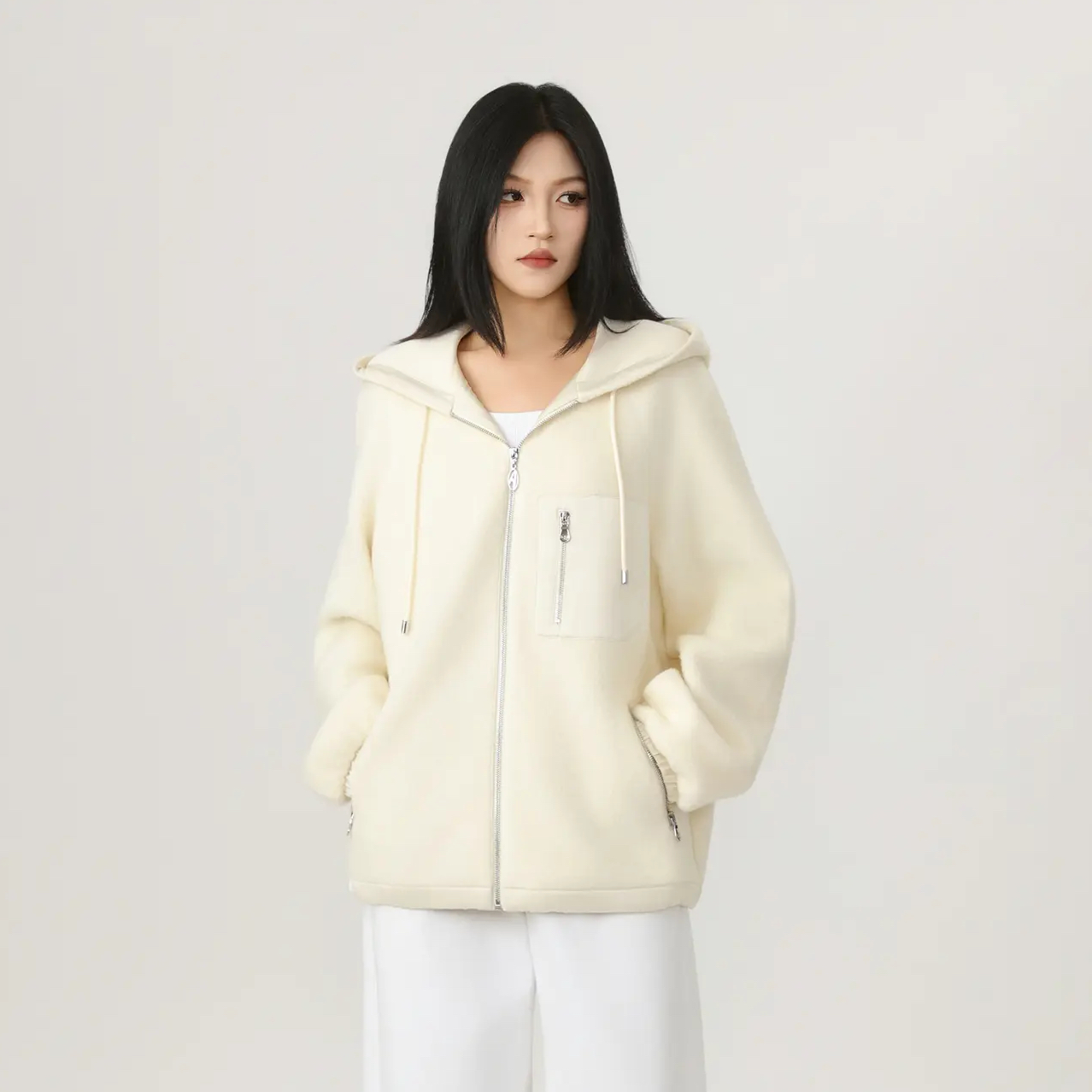 AMASS/阿玛施新款简约休闲百搭毛绒面感羊毛宽松连帽厚外套540086