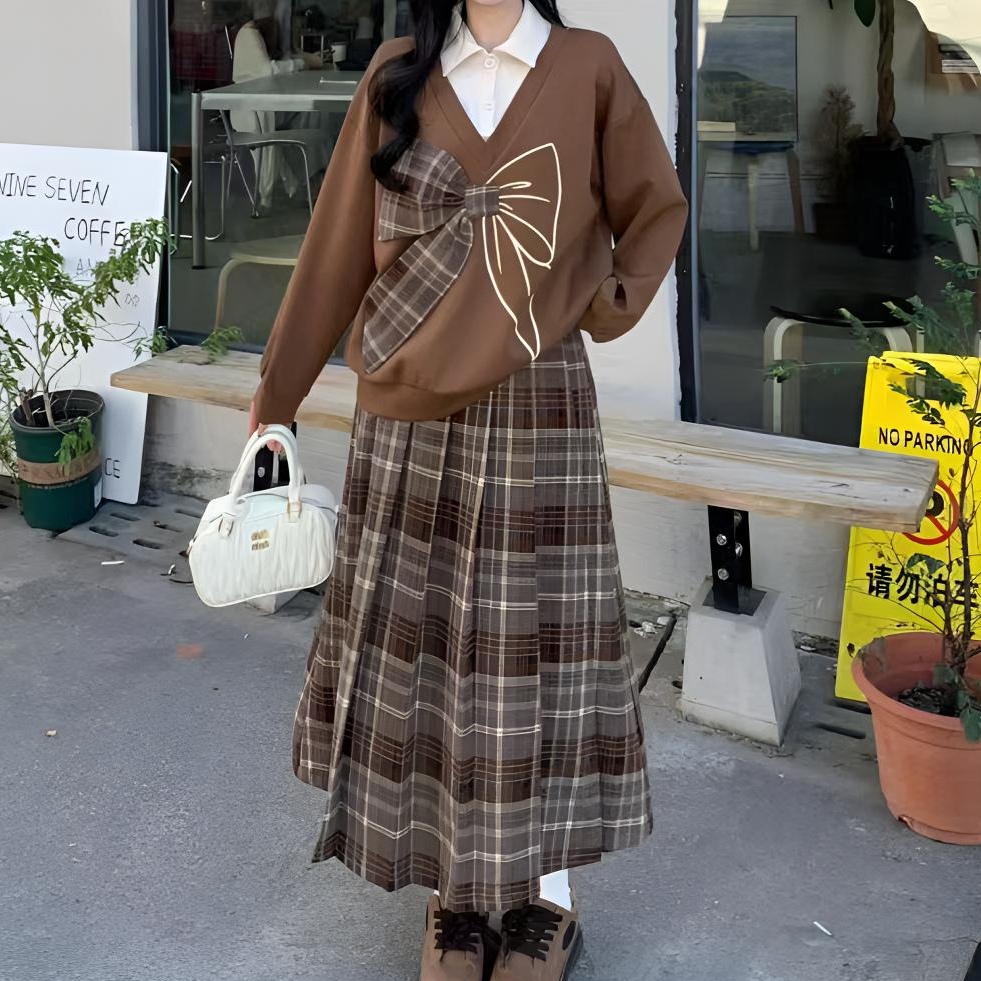 复古学院风拼接蝴蝶结毛衣衬衫格纹裙套装长袖气质时尚格子日系