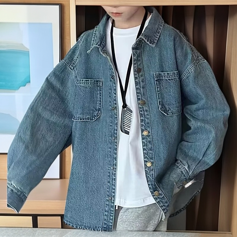2025新款儿童洋气牛仔衬衫中性韩版纯色长袖上衣休闲时尚蓝色百搭