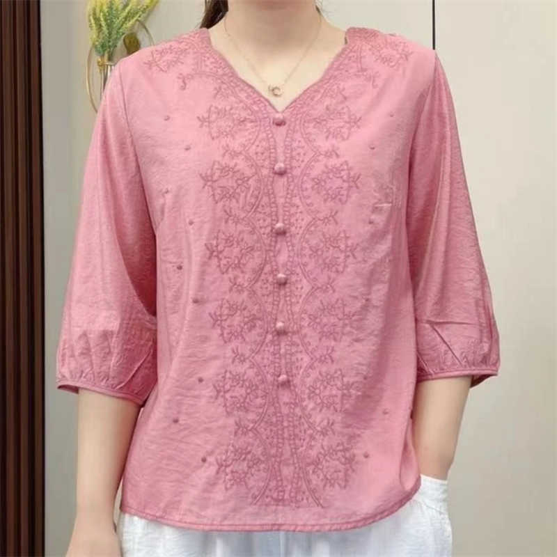 【清货+运费险】棉麻上衣刺绣V领复古风t恤短袖休闲大码小衫Y927