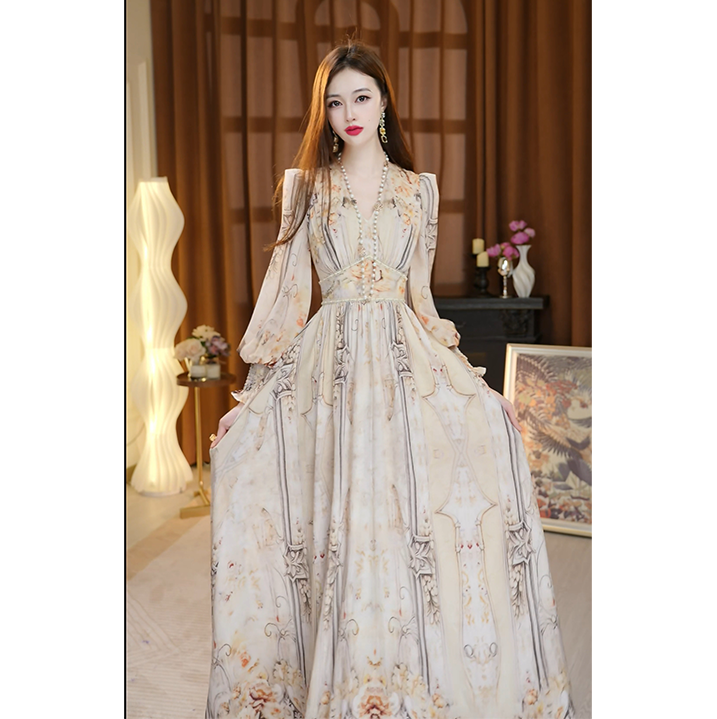 尤克菲儿 原创轻奢高定修身塑性夏季气质印花连衣裙