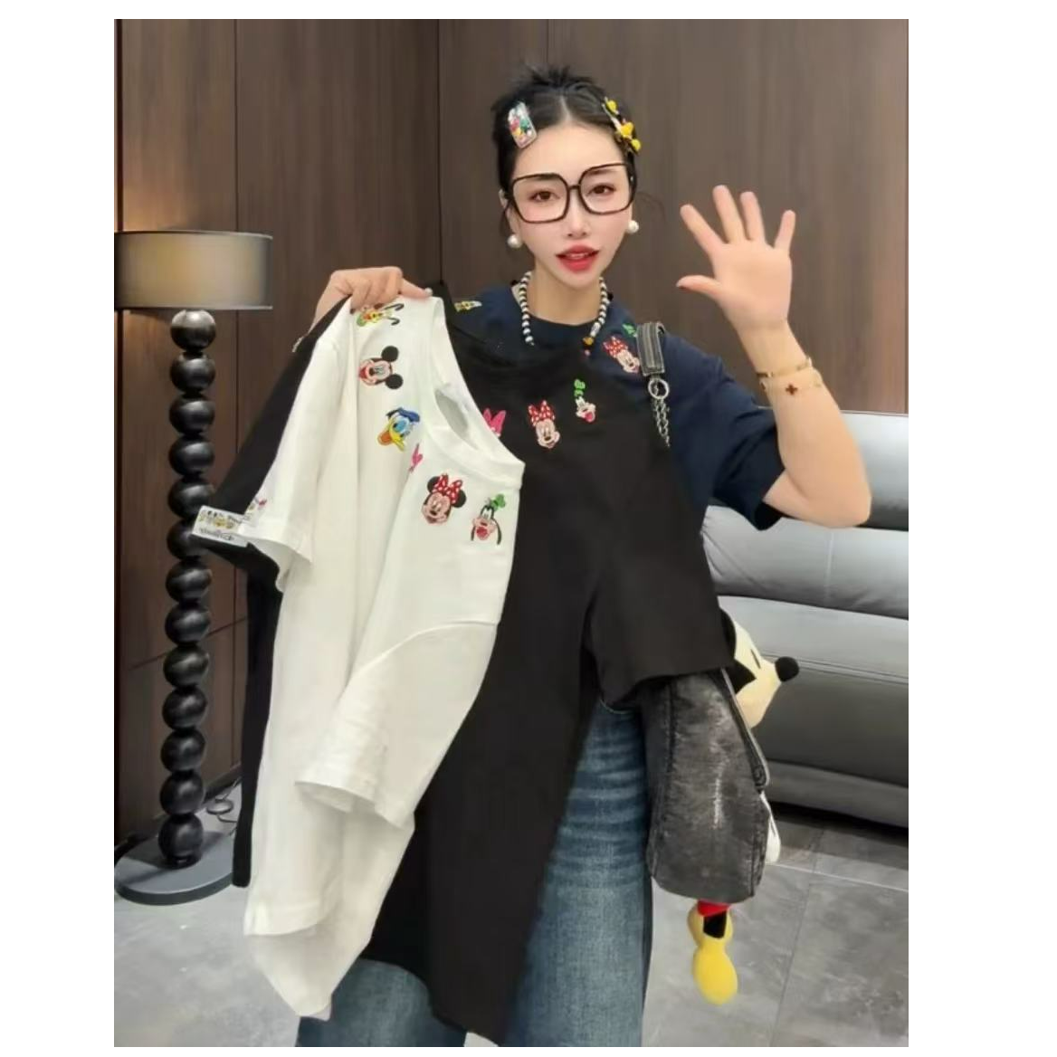 10272时尚洋气百搭ins网红卡通图案刺绣拼接短袖夏季t恤