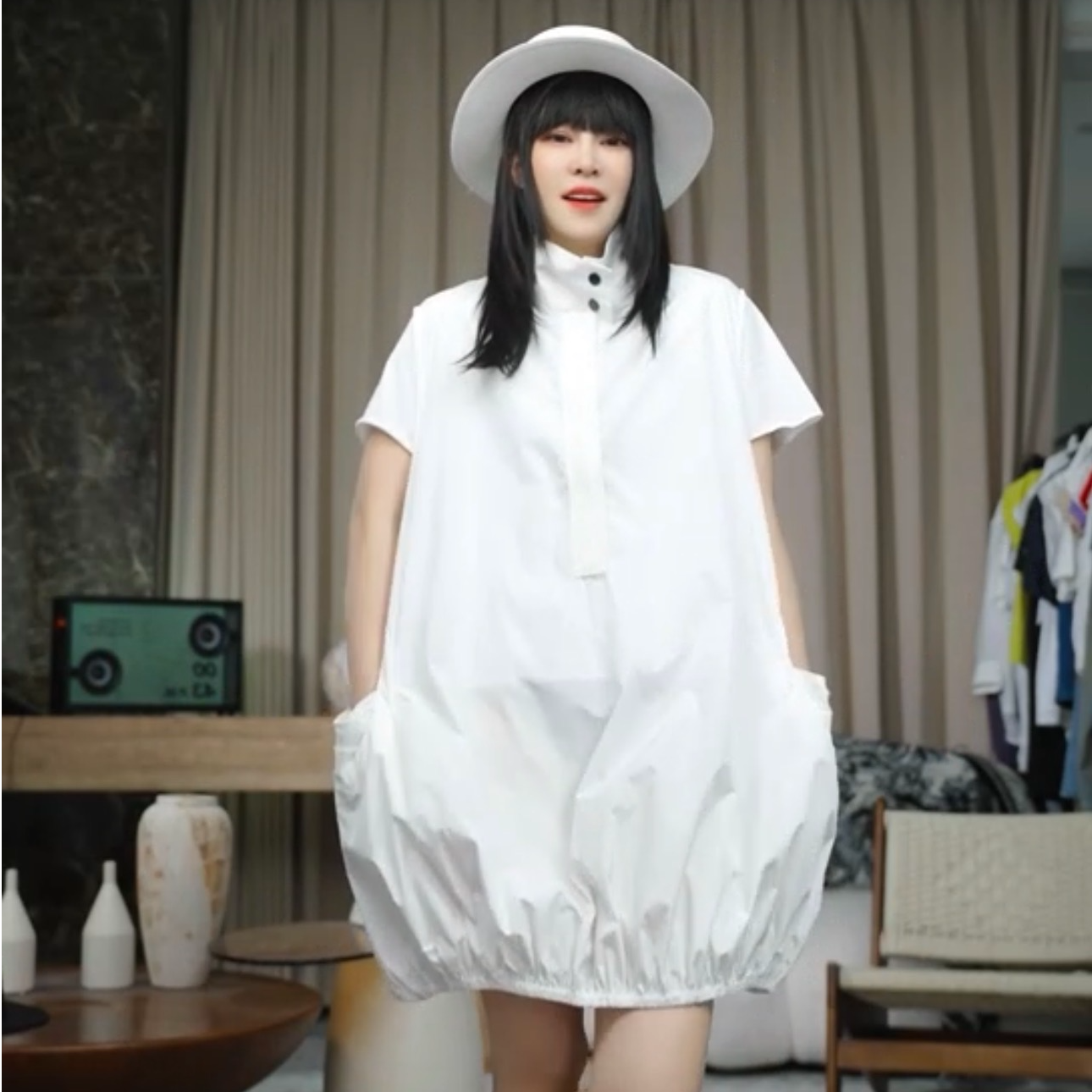 infobyfive福利夏季新款立领薄款灯笼大口袋马夹裙NF0503170