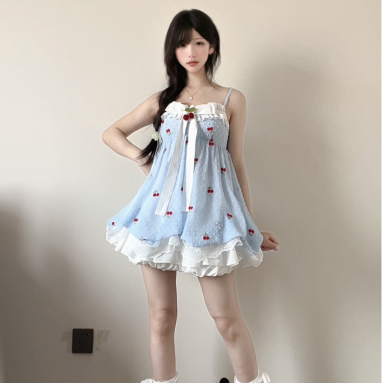 桔梗house【现货】樱桃小丸子 甜美度假风大蝴蝶结花苞吊带连衣裙夏