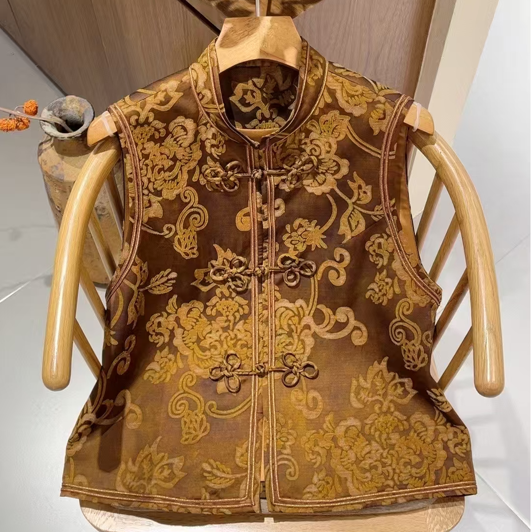 【橘韵套服】高端羊毛精纺提花新中式阔腿裤+小立领盘扣马甲