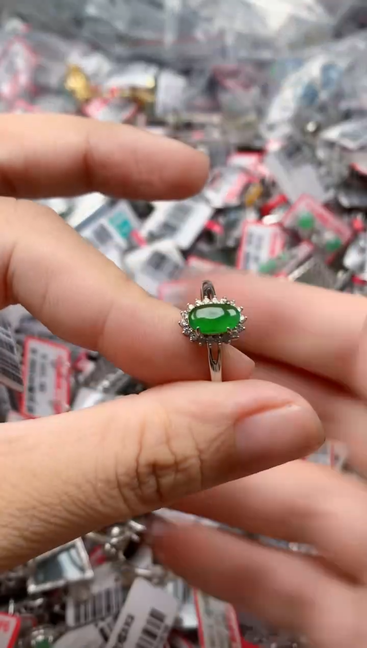 银S925镶嵌戒指翡翠天然A货缅甸翡翠