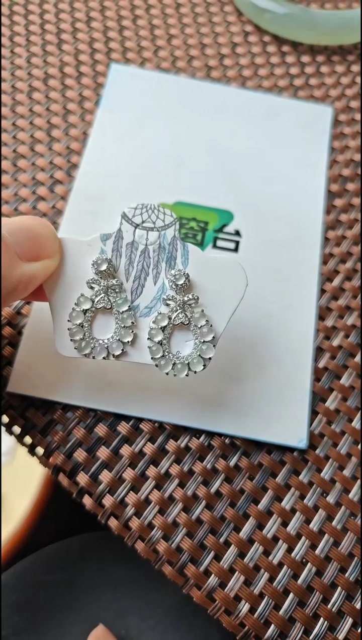 【闪购商品】翡翠耳饰银S925镶嵌翡翠耳饰S925银镶嵌