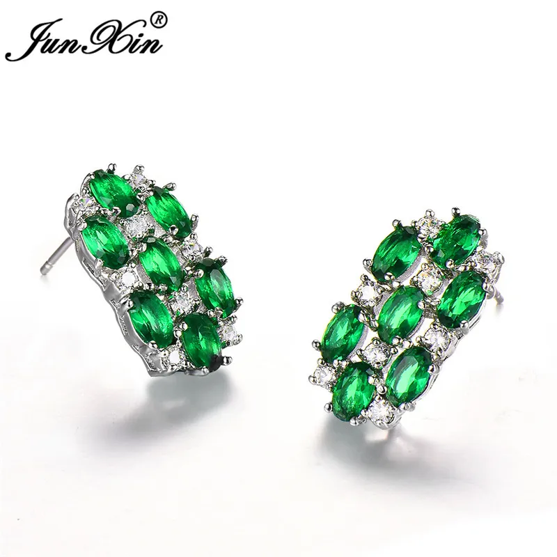 铜合金合成锆石耳饰 白金椭圆形【绿色森林】耳钉5号