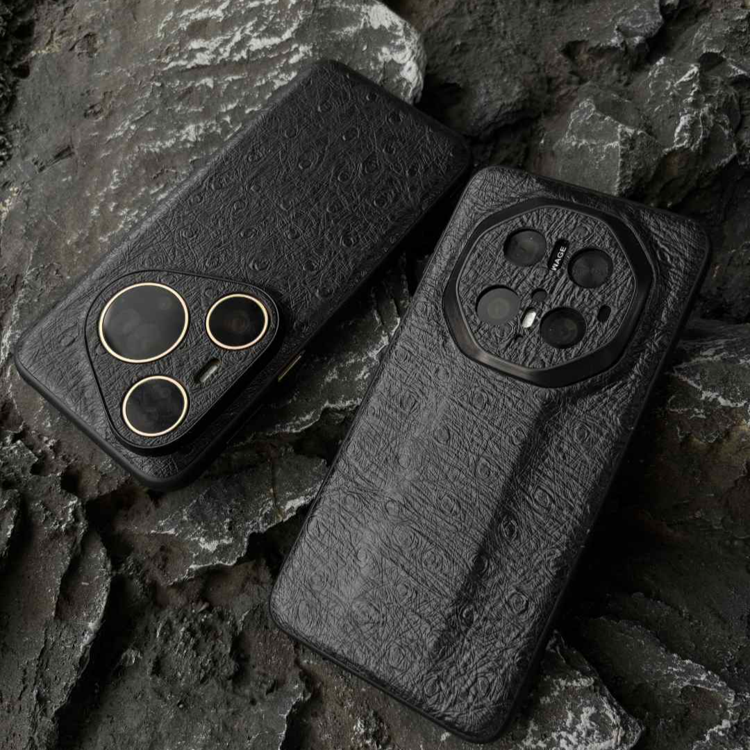 【鸵鸟纹黑】【真头层牛皮】适用华为Mate80苹果16小米17ProMax手机壳