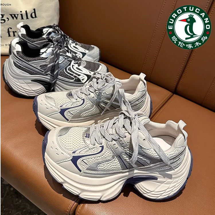 欧伦啄木鸟2025秋季新款厚底老爹女冬季加绒增高网面百搭女鞋运动