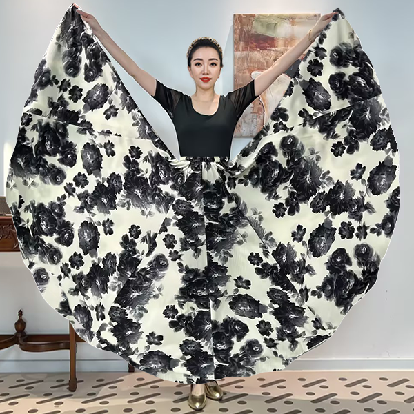 《墨转印花》消光破卡印满铺花全松紧腰大摆半身裙单层无衬裙