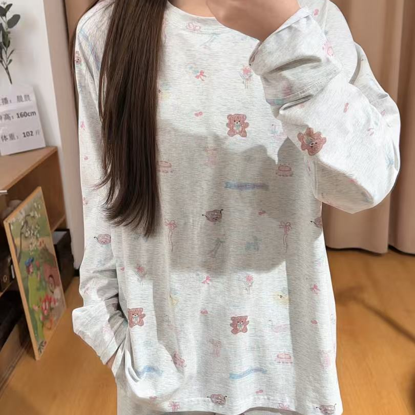 85950余小鱼【小熊睡衣】浅花灰色插肩袖上衣长裤家居服套装女装
