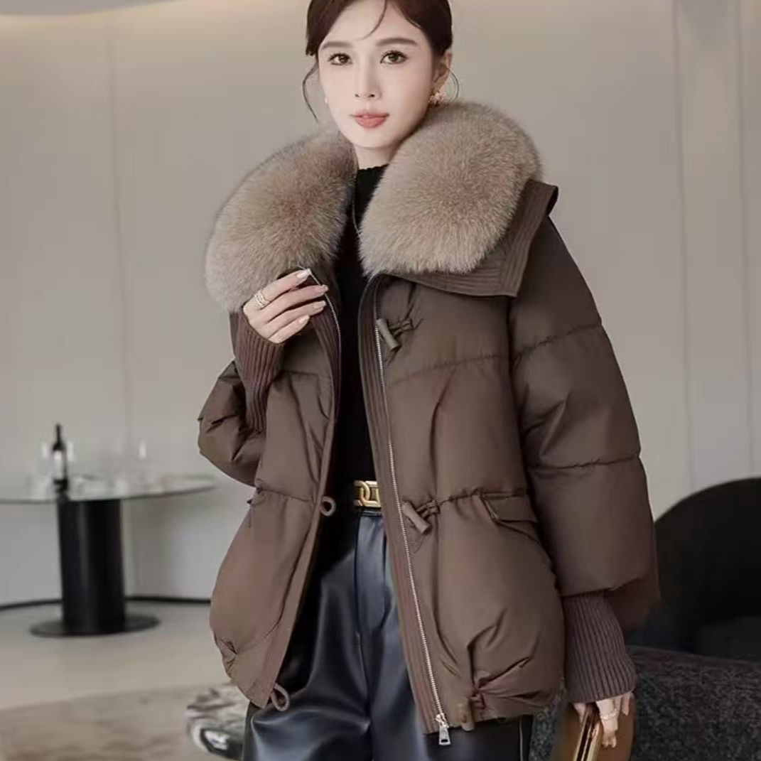 女士新款加厚短款宽松保暖大毛领棉服