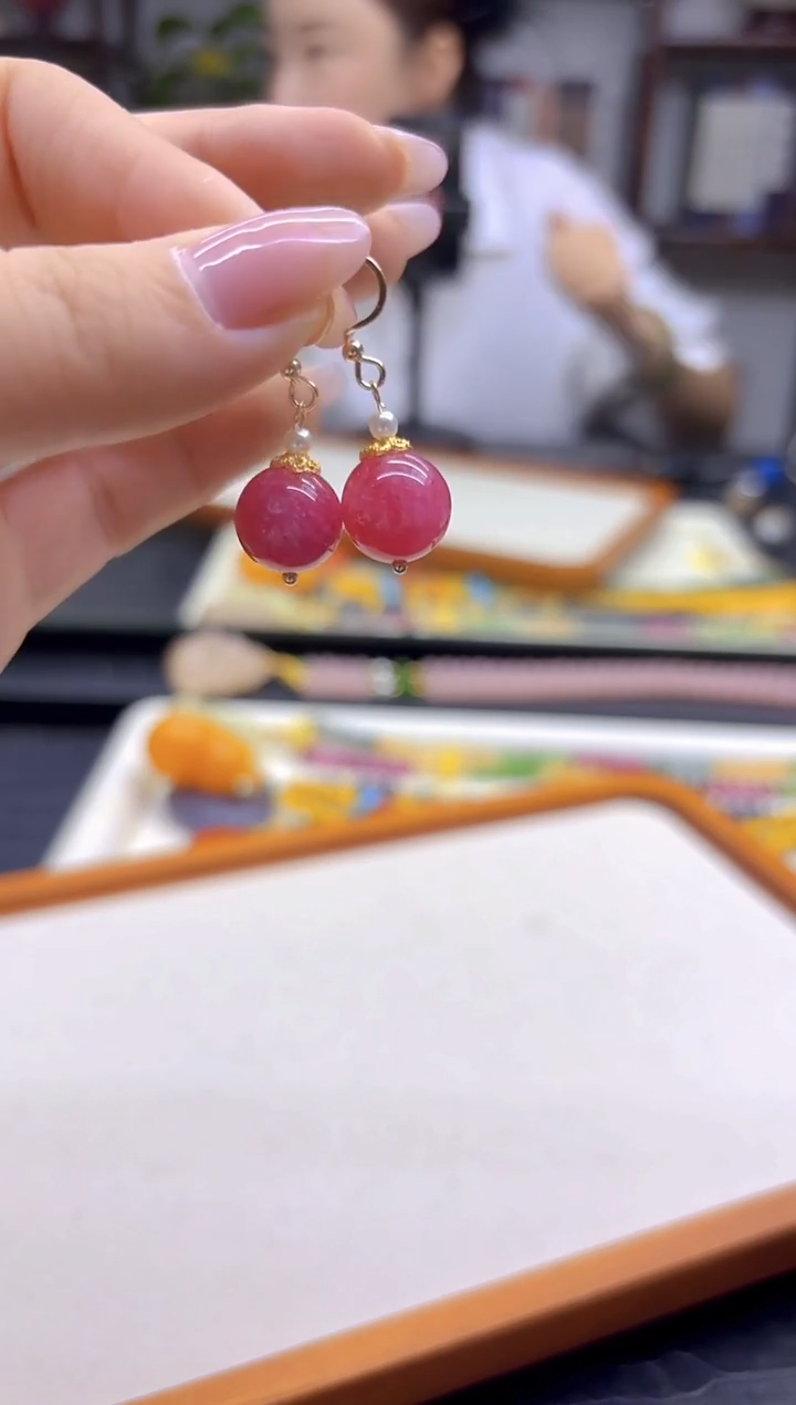 14K金镶嵌菱锰矿（红纹石）耳钉DIY款E