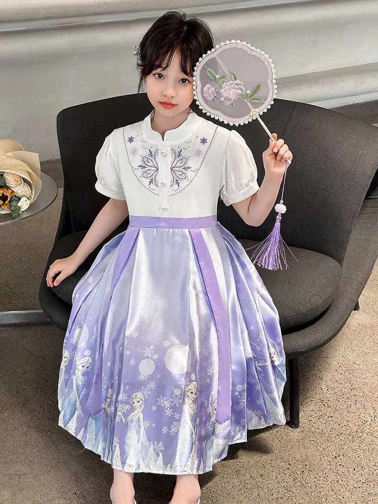 女童夏季短袖艾莎马面裙新款中童汉服中国风爱莎连衣裙