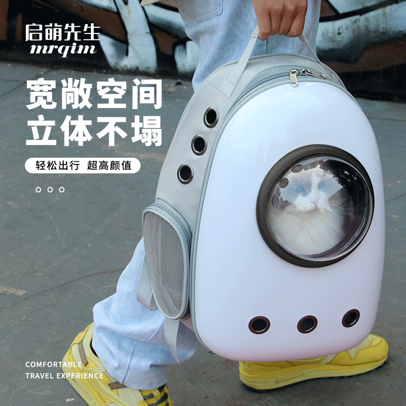 灰底带侧开PC太空包宠物包外出便携猫狗罩外带双肩背包