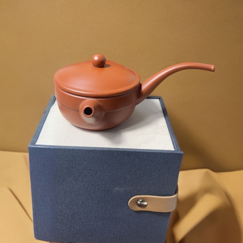 【烟斗型手工大口】潮州原矿朱泥大口盖倒立侧把功夫茶壶120毫升