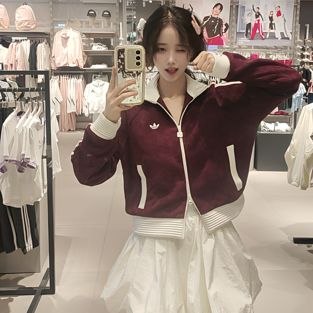 adidas三叶草女子时尚休闲百搭短款拼色针织外套(流光风）KS0400