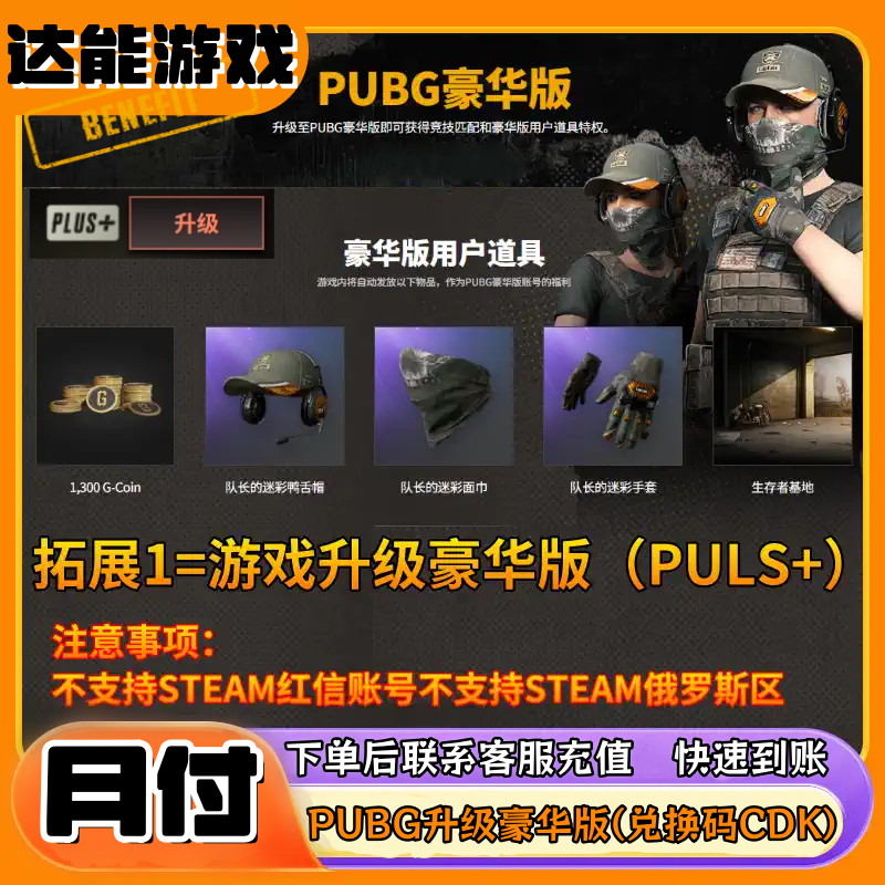 PUBG绝地求生升级豪华版吃鸡激活PLUS+打排位竞技Steam余额充值GB