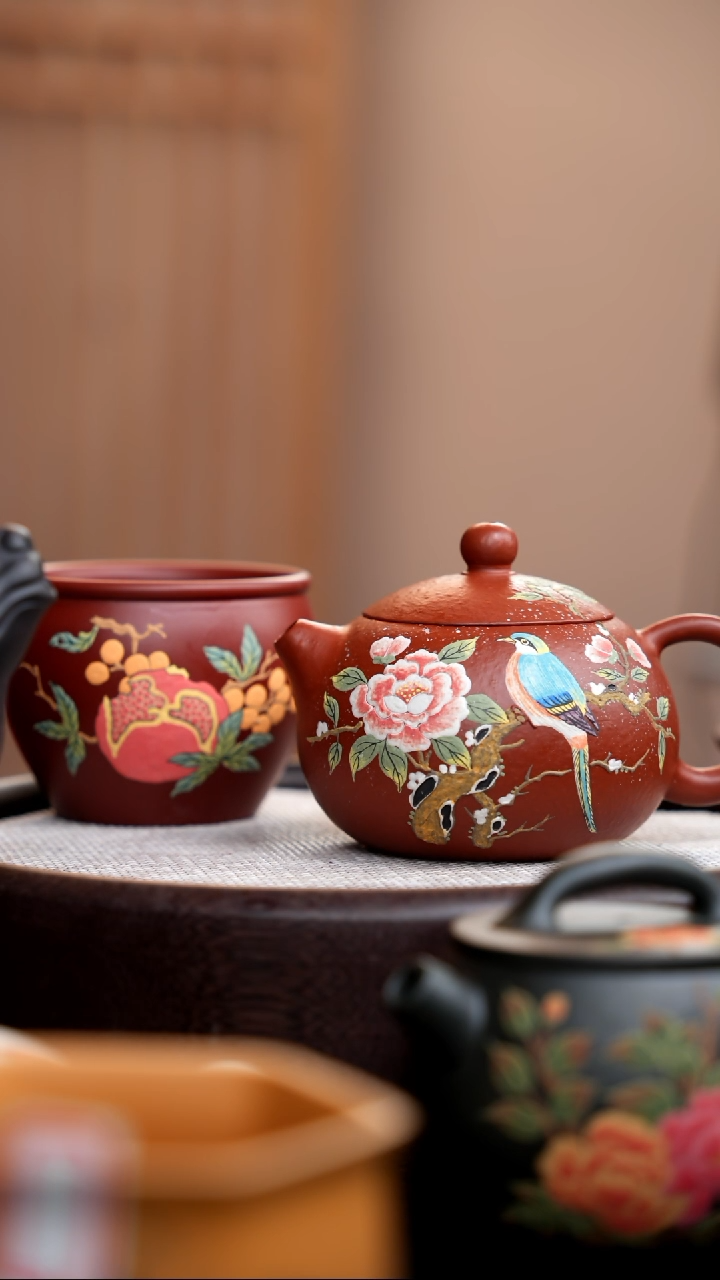 【闪购商品】紫砂茶壶粗砂大红袍西施泥绘蓝鸟+杯