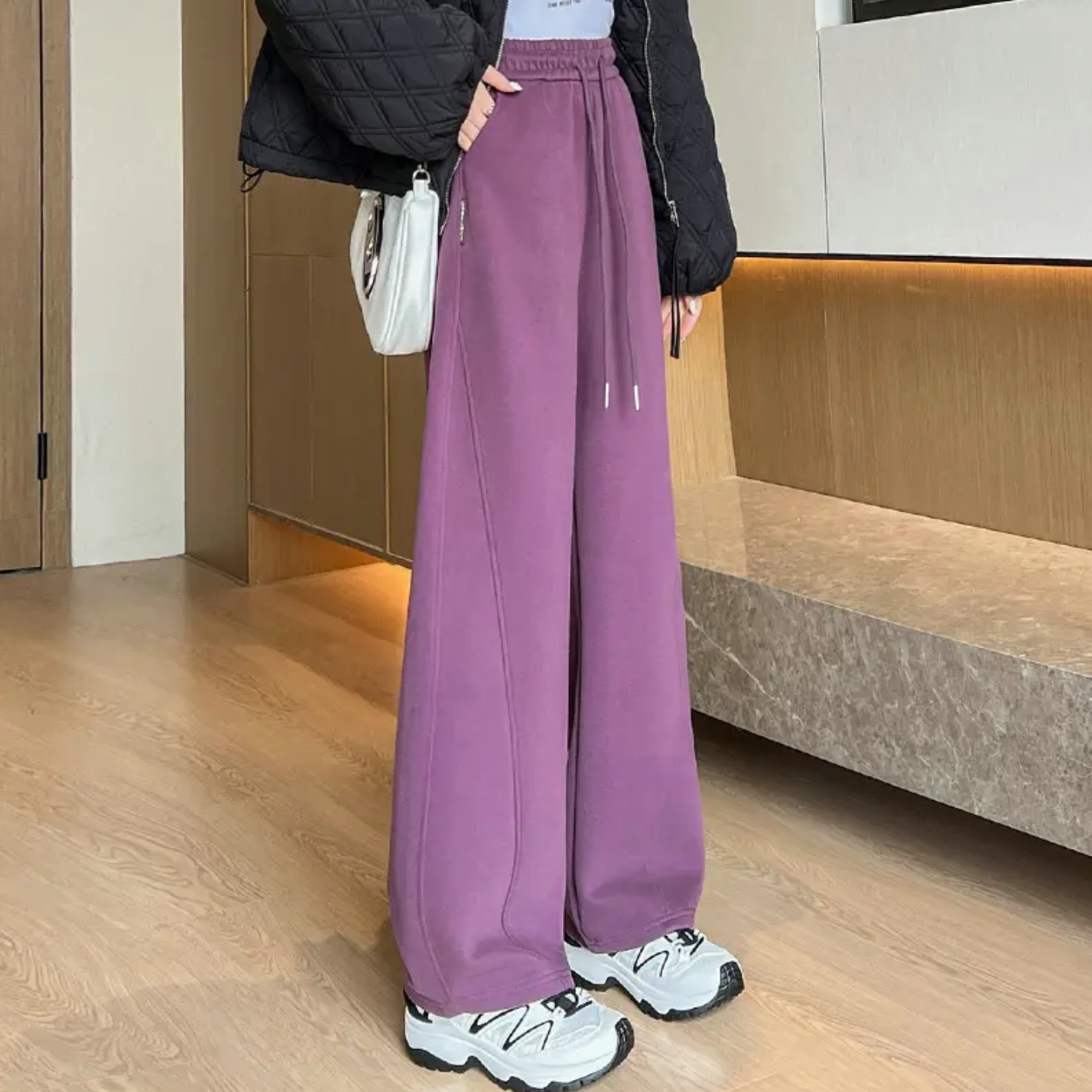 紫色运动裤女高腰垂感显瘦直筒阔腿休闲裤春秋薄款
