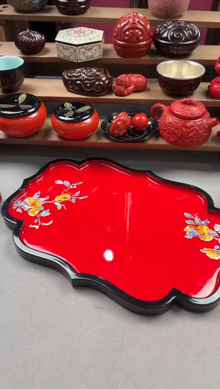 扬州漆器  柿子茶盘手工螺钿