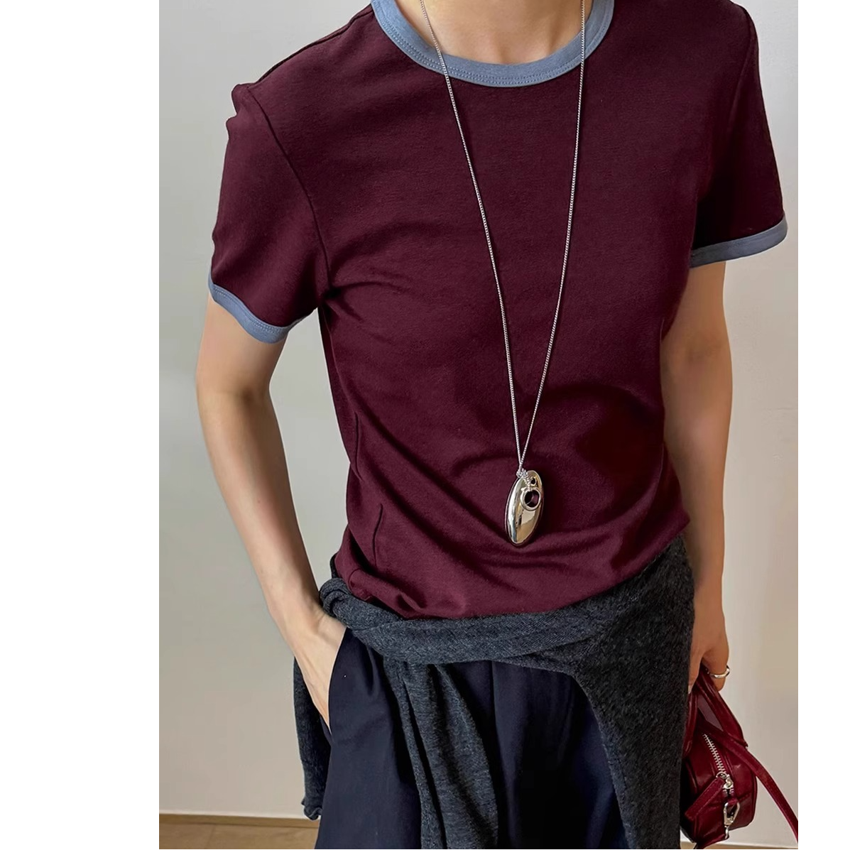 马蹄子【正肩撞色拼接T】通勤百搭修身拼色领显瘦短袖上衣