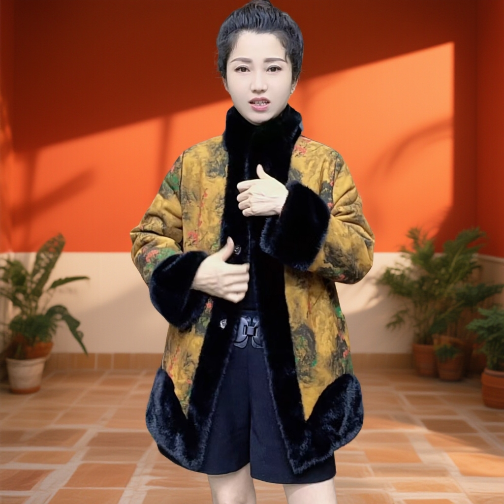【周扬专属】中长款76衣长新中式皮毛一体立领新款时尚女外套休闲