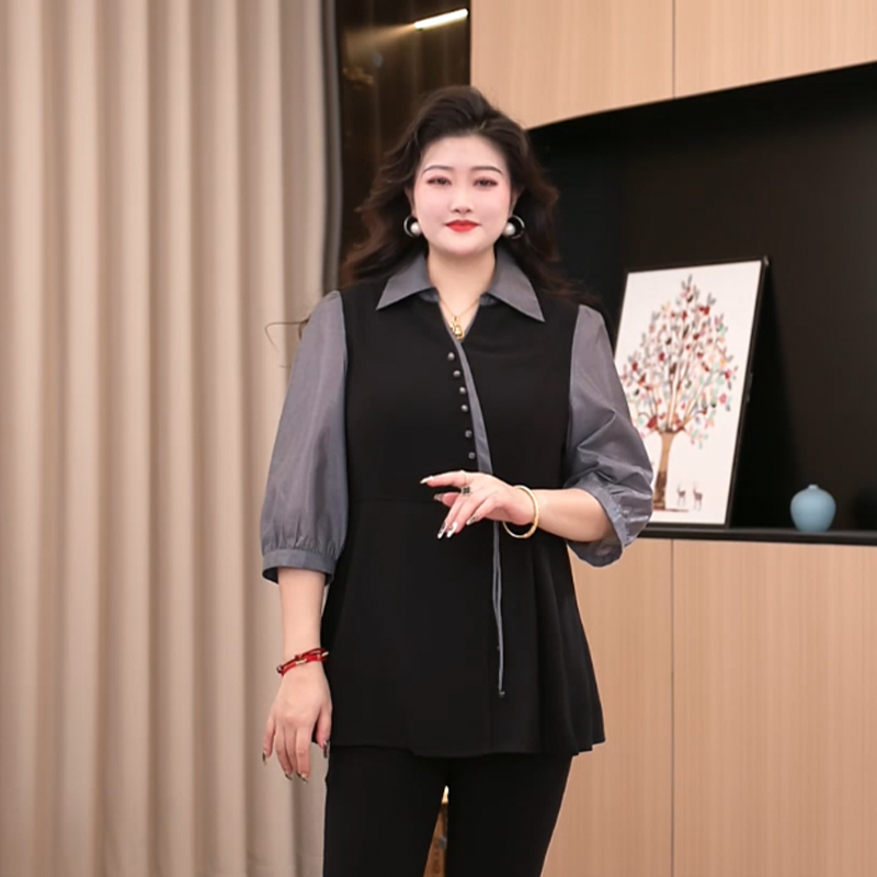 胖晶晶定制大码女装春季新款百搭洋气显瘦时尚宽松收腰上衣ZB6663