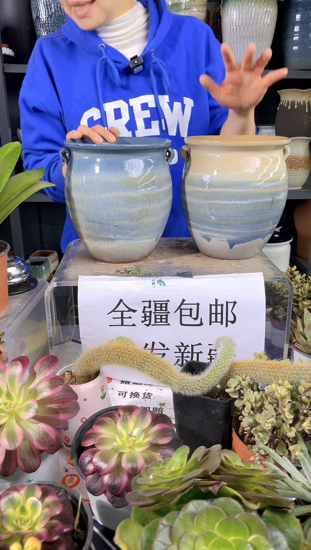 【闪购商品】黄蓝山水双耳陶盆2个装