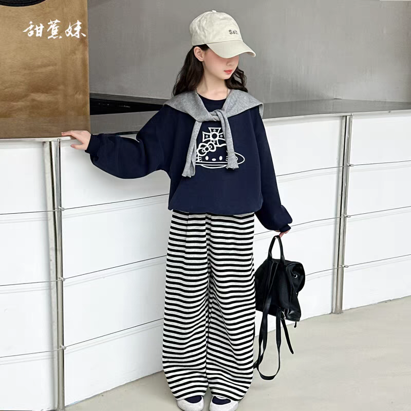 【亲子套装】女童韩版秋装套装2025条纹裤印花三件套春秋运动时髦