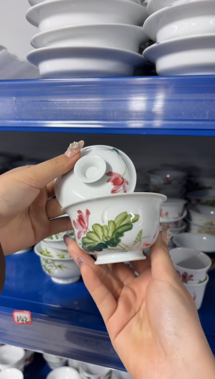 瓷片景德镇高温陶瓷食品级手绘釉中彩-二才盖碗