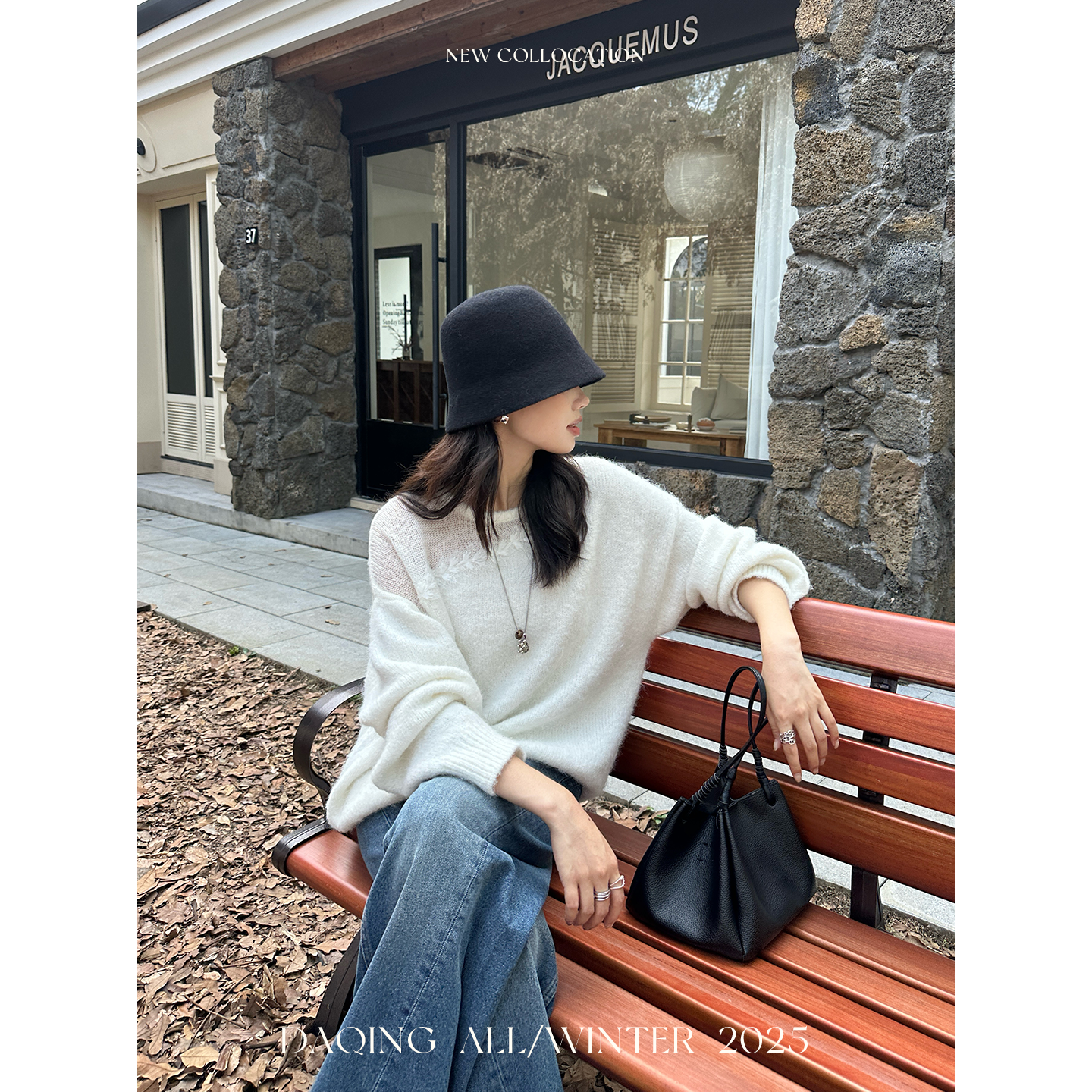 许大晴【烟山雪落】慵懒风白色圆领花边长袖毛衣D4864