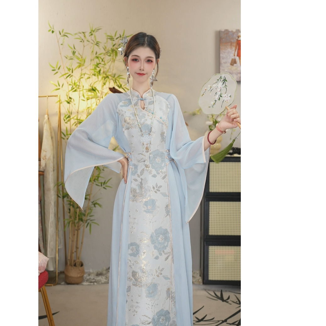 储秋2025春季新款中国风飘逸日常蓝色长款连衣裙6622