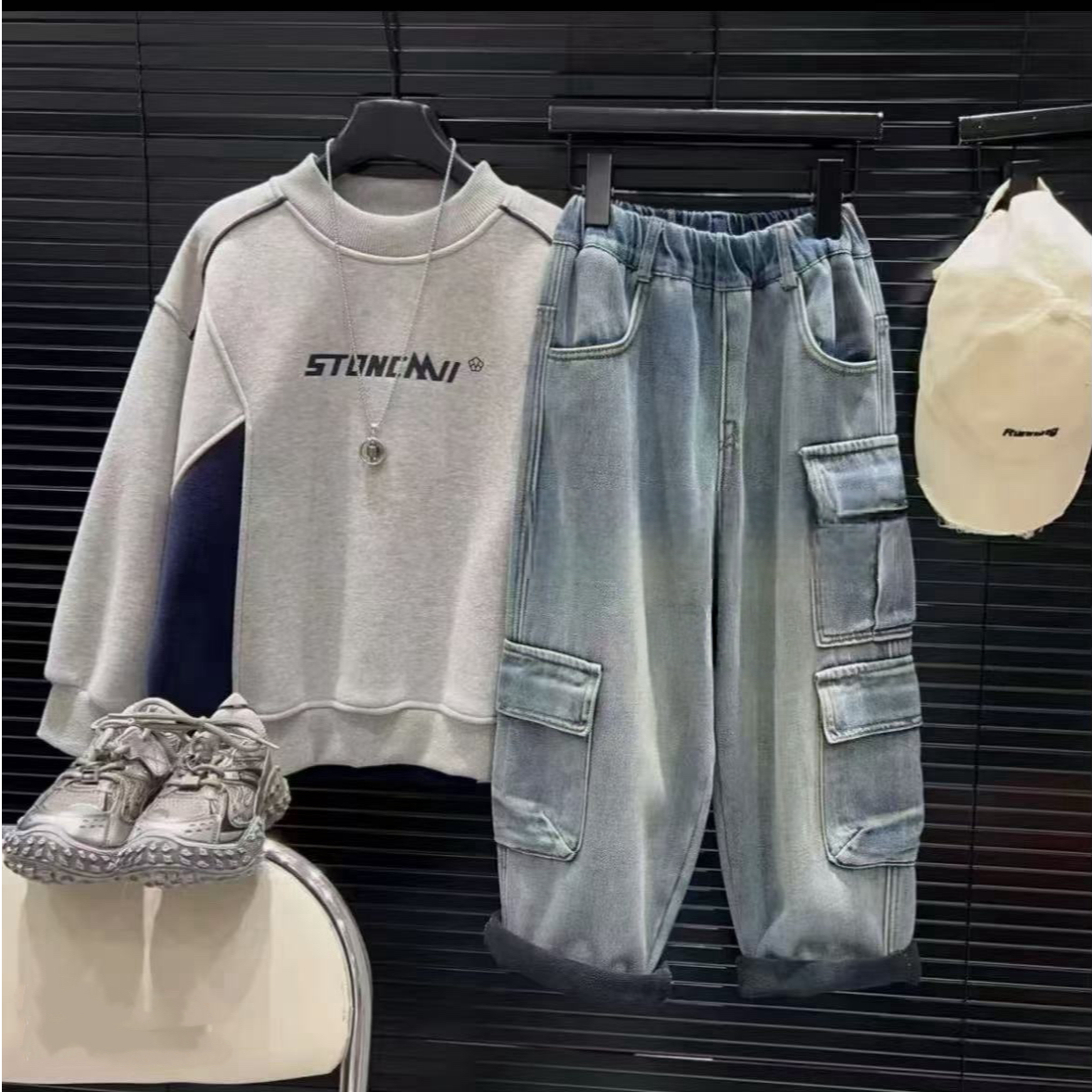 （酷酷的裤）D114秋冬儿童工装口袋一体绒加厚牛仔裤