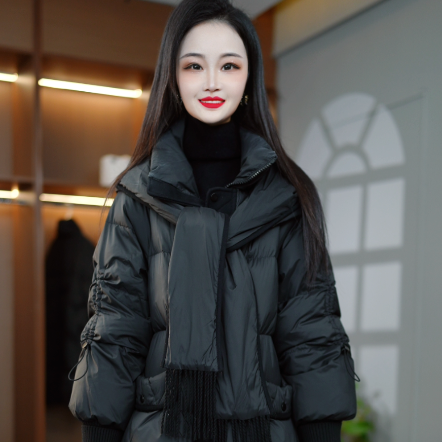 冬季设计感围巾连帽优雅百搭白鸭绒羽绒服M-XL