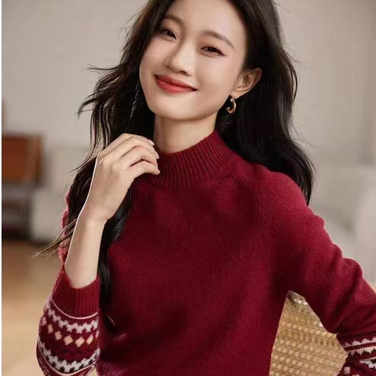 半高领毛衣轻奢高级感提花针织衫女秋冬厚上衣洋气宽松内搭打底衫