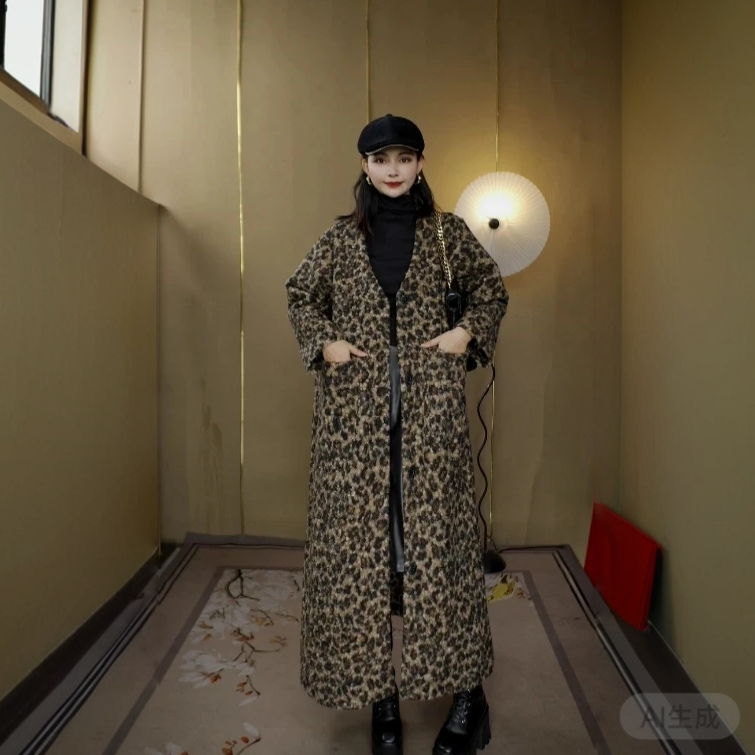 【356】V领卷卷毛豹纹大衣时尚宽松设计师