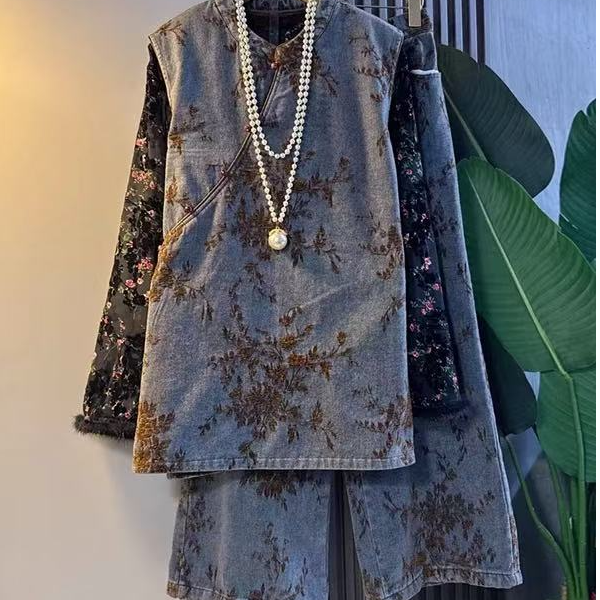 5085+5083中国风新中式时尚套装牛仔提花刺绣马甲+阔腿裤两件套NJ