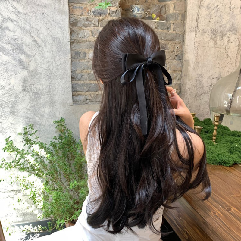 高级感立体黑色蝴蝶结飘带发夹女后脑勺弹簧夹优雅气质半扎发头饰