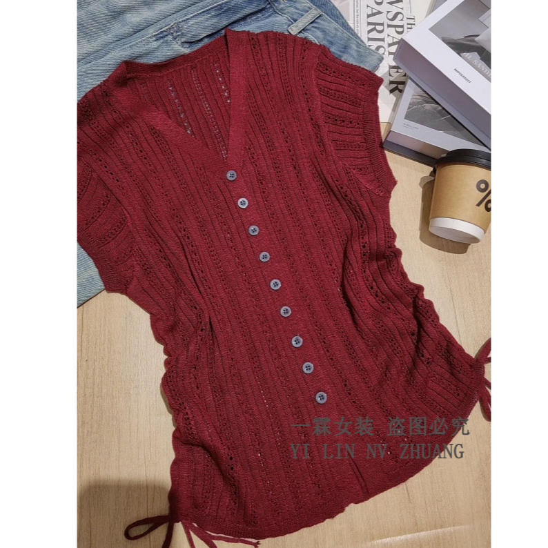一霖女装2025新款短袖女款爆款V领飞飞袖气质显瘦针织衫NMG7031
