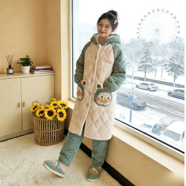  【0322黄嘴鸭】家居服套装冬加厚外穿长款卡通睡衣睡袍一整套