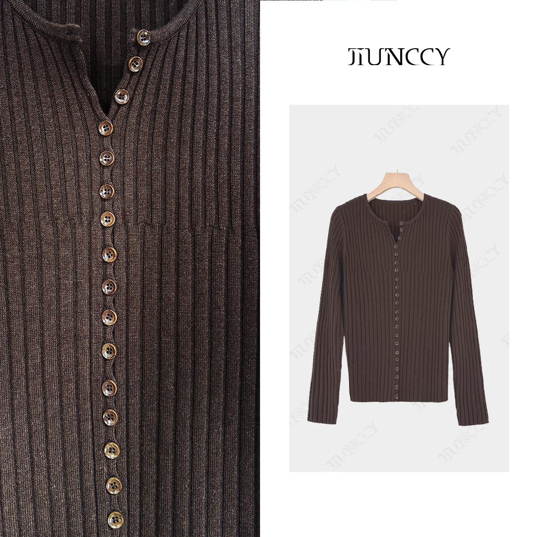 JIUNCCY【长歌】羊绒真丝混纺上窄下宽坑条竖排扣长袖开衫 52YZZ101