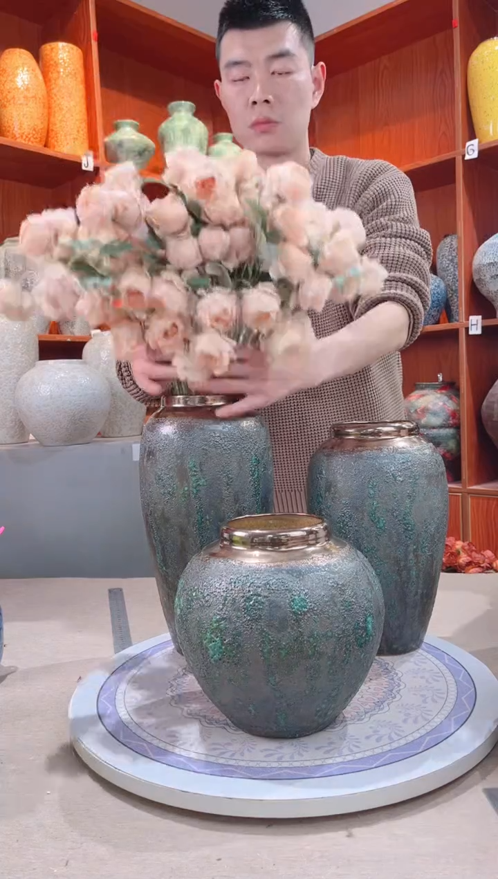 【闪购商品】瓶精品陶瓷花瓶 无花 青铜 三件套