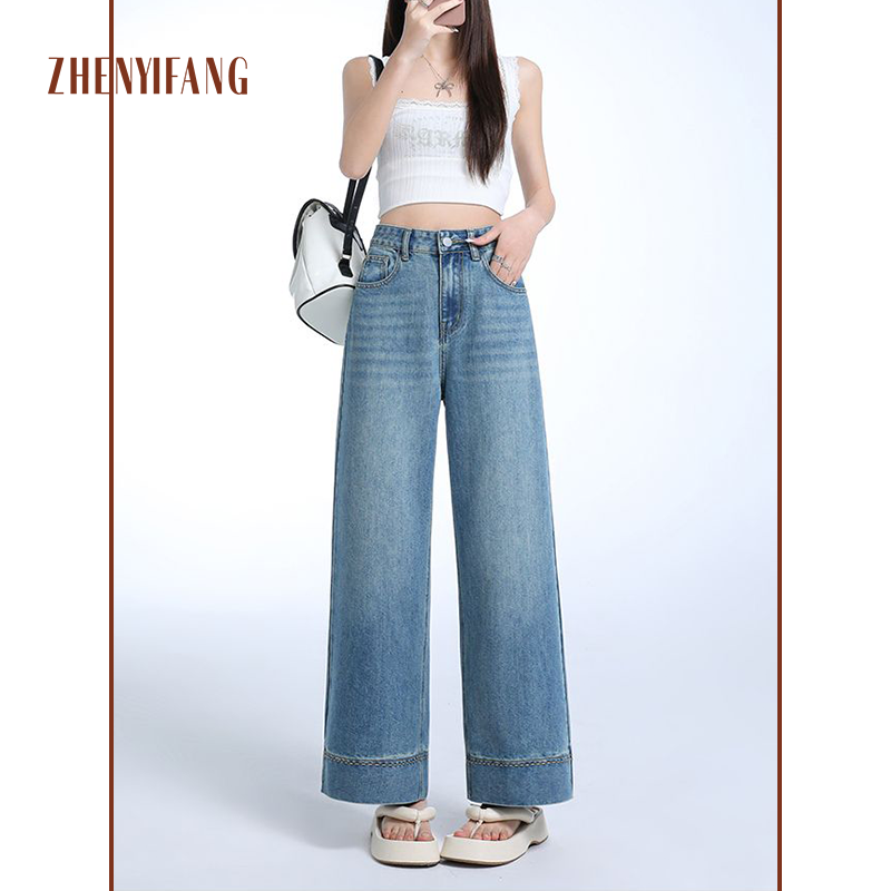 真衣坊2025夏季复古显瘦宽松慵懒时尚直筒烟管牛仔裤女