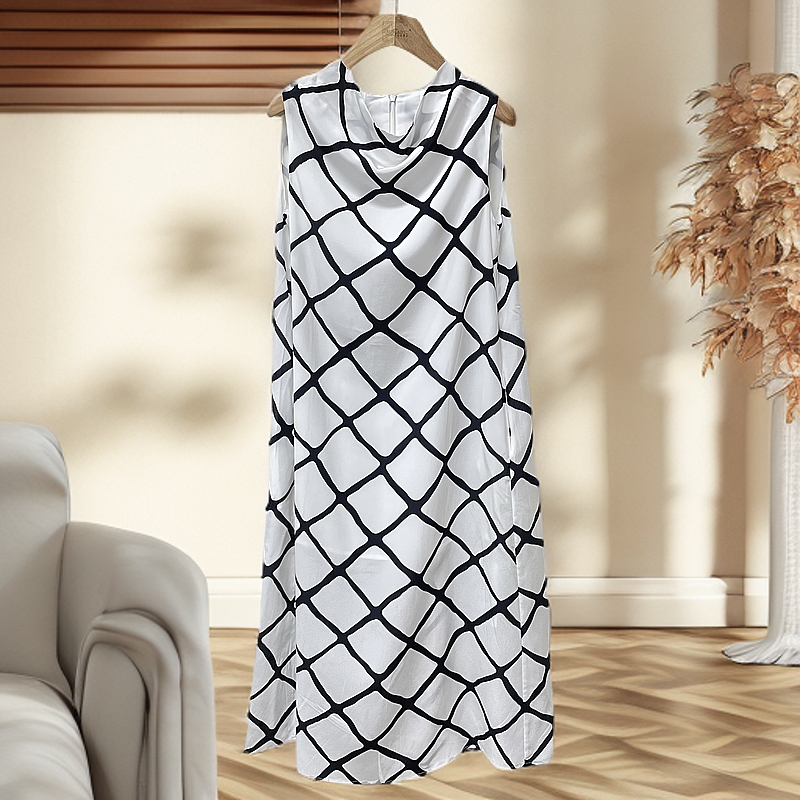 CJ076 林秀英 -C家  优雅荡领菱格真丝无袖连衣裙WAD1353