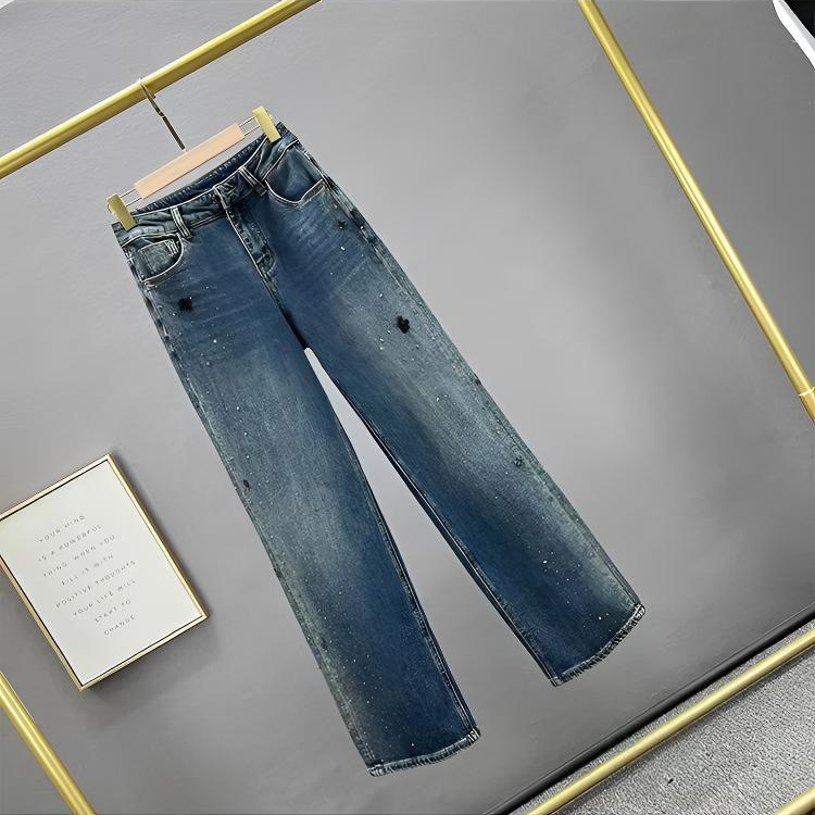 淼淼严选-高腰窄版烫钻秋冬直筒裤蓝色时尚修身秋冬百搭牛仔裤