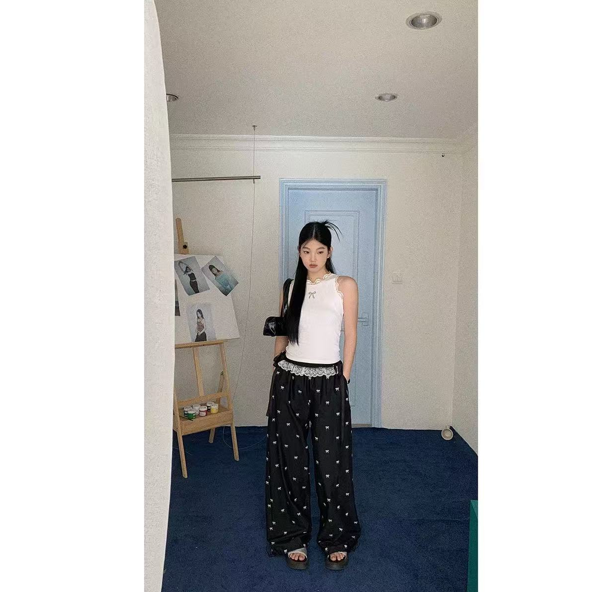 红人馆阔腿裤女2025新款夏季薄款宽松休闲裤显瘦长裤黑色裤子